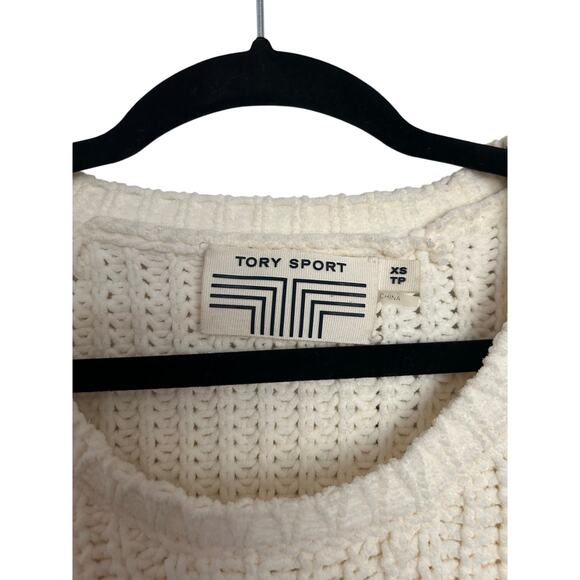 Tory Sport Chunky Knit Scalloped Hem Fisherman Boxy Fit Sweater Cream Sz XS - Picture 4 of 7